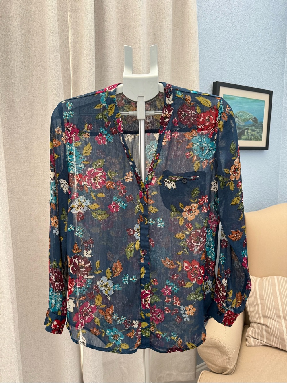 Kut from the Kloth Navy Floral Sheer Button-Front Blouse S